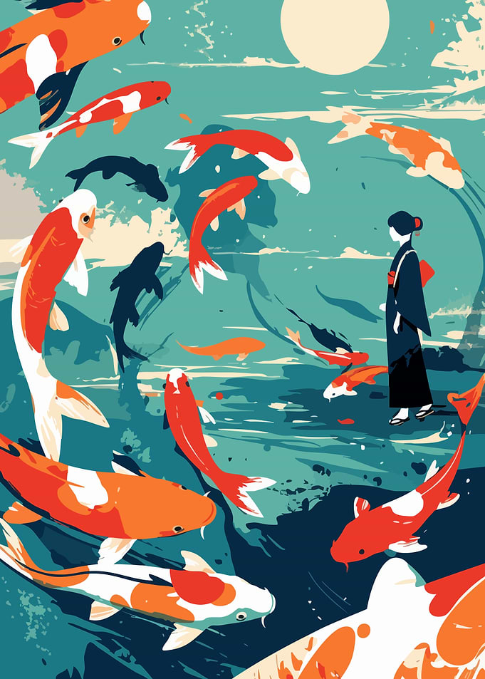 Abstract Japanese Koi Pond and Geisha Minimalist Art