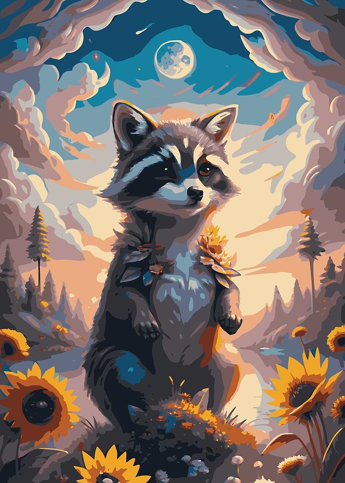 Raccoon in a Field of Sunflowers