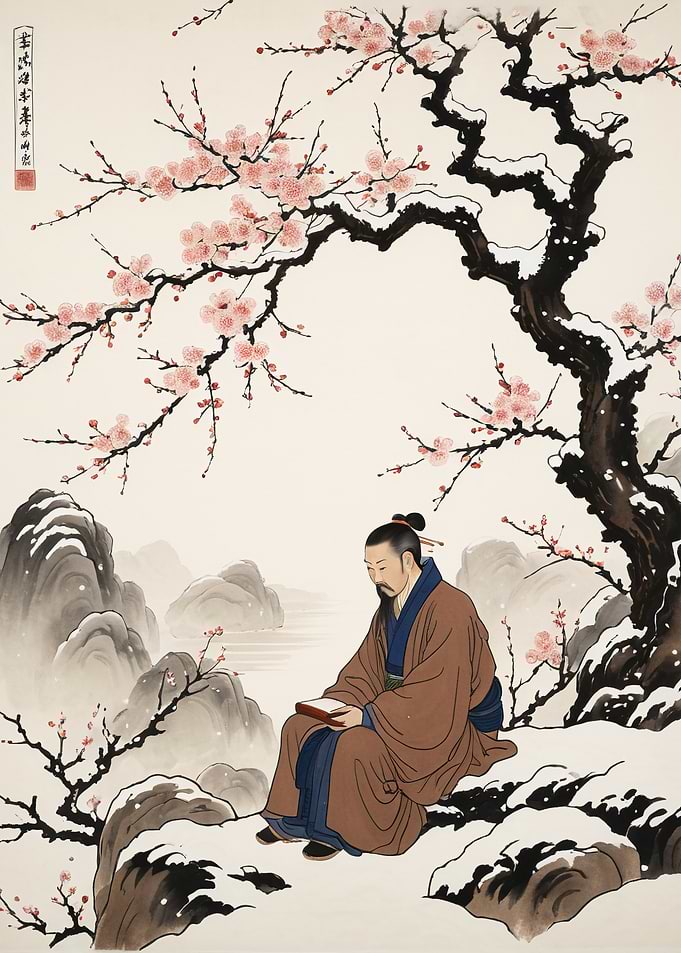 Chinese Man Reading Under a Snowy Tree