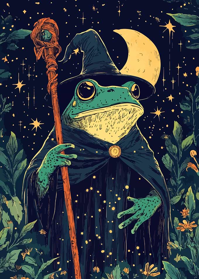 Frog Wizard Under Stars Fantasy Minimalist Art