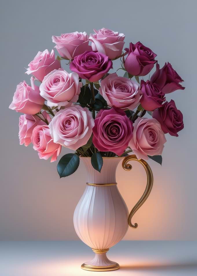 Pink and Purple Roses in Vase