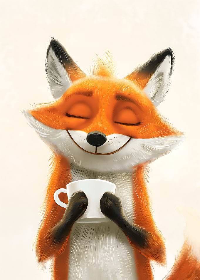 Smiling Fox with Coffee Poster
