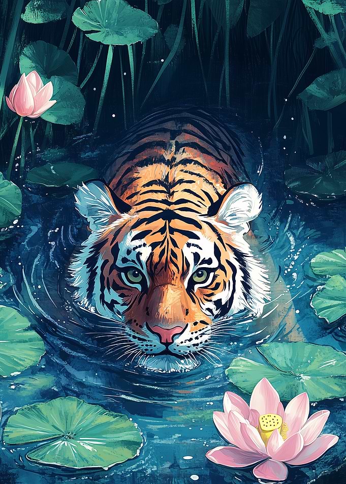 Tiger swimming in Lotus Pond