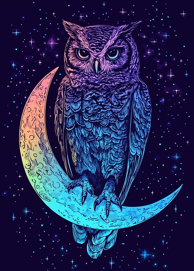 Owl on Crescent Moon Retro Art