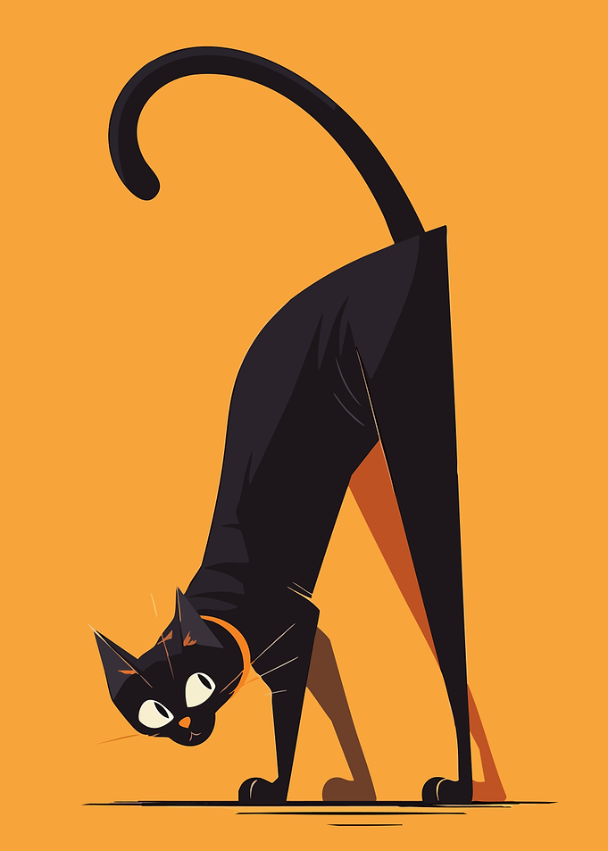 Black Cat Stretching Minimalist Art Illustration