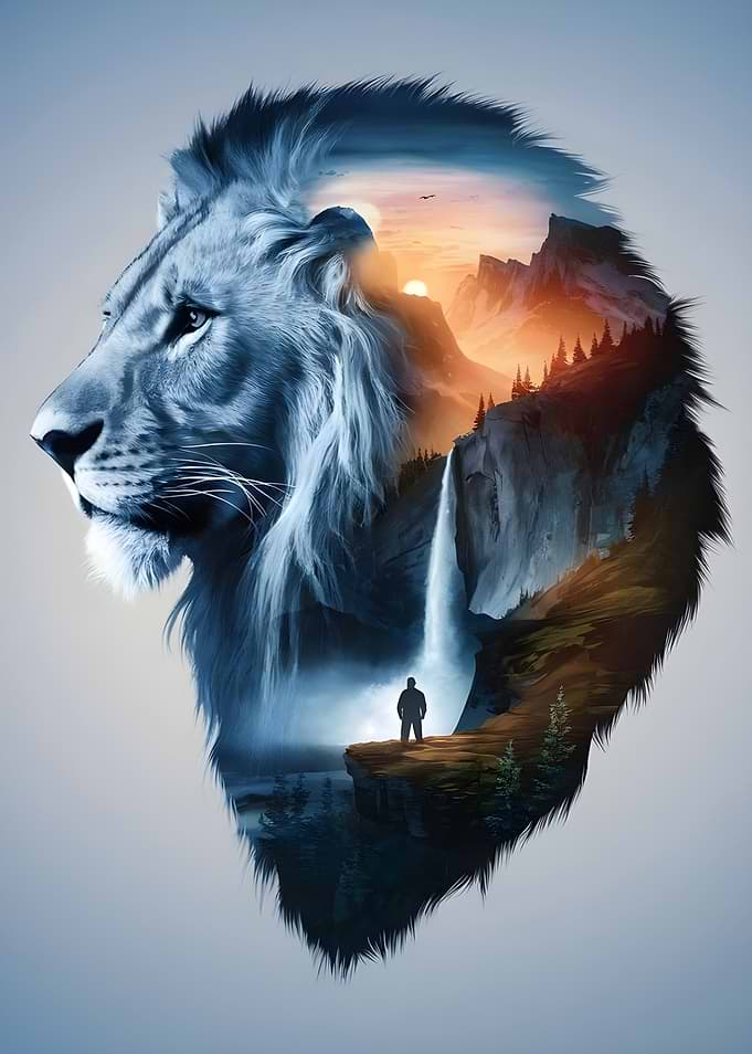 Lion and Waterfall