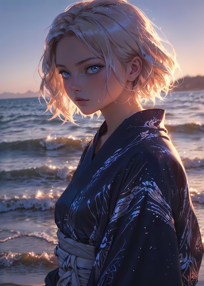 Anime Girl in Yukata by the Sea