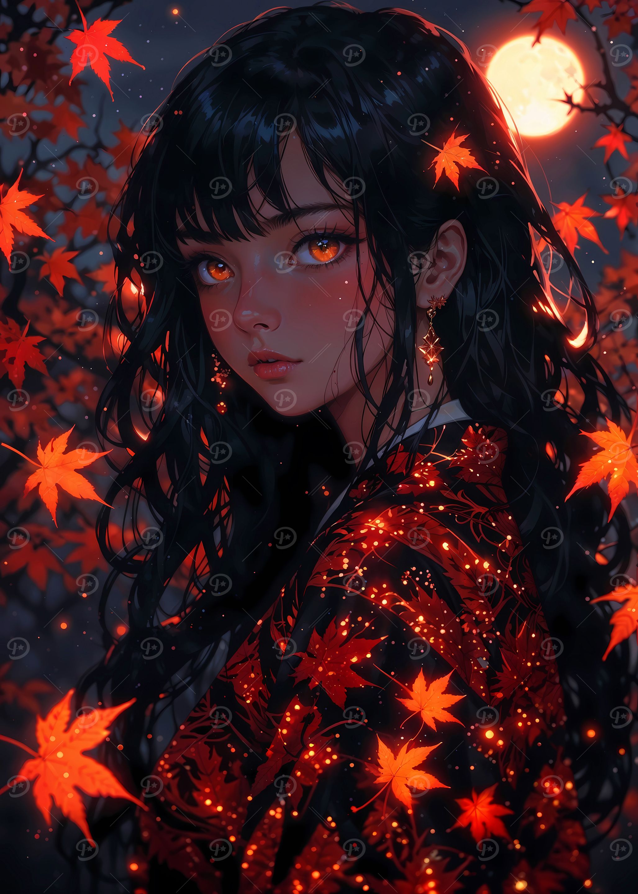 Autumn Moonlight: Maple Guardian in Crimson Kimono
