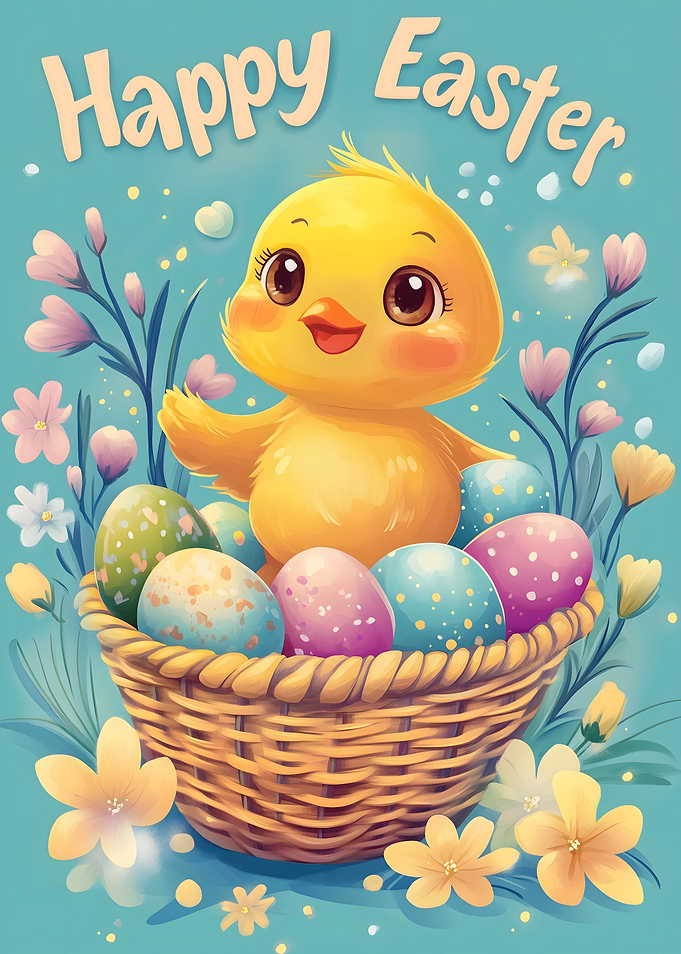 Happy Easter Chick with Eggs
