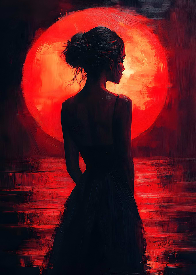 Silhouette Under Red Moon