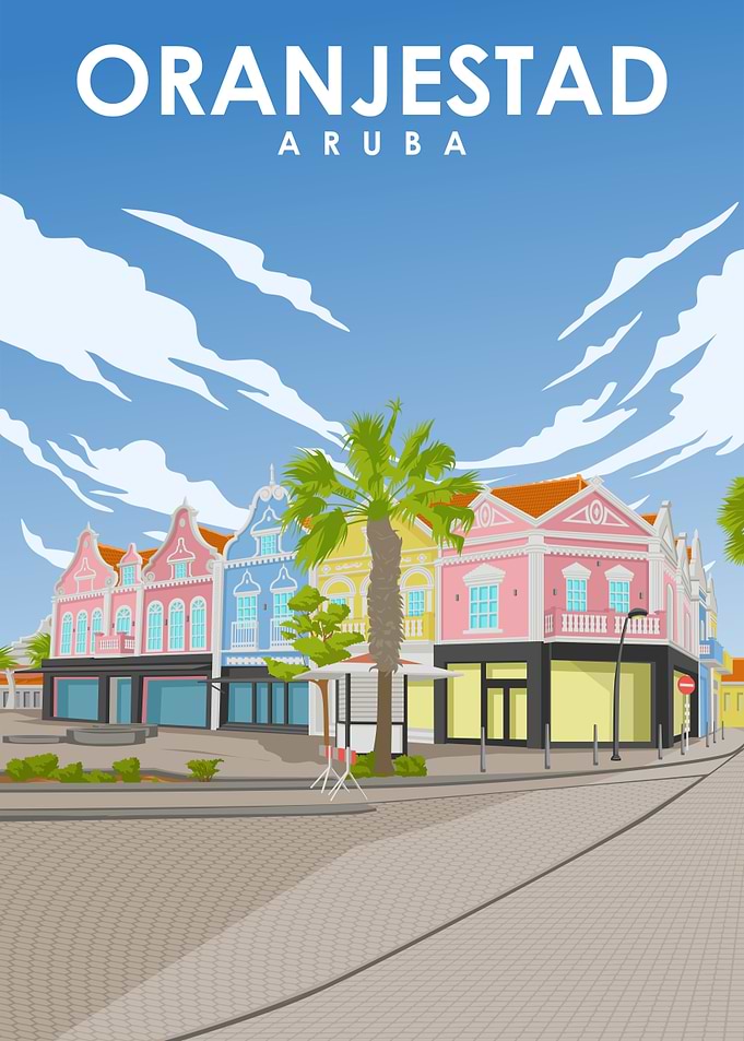 Oranjestad Aruba Cityscape Travel Poster