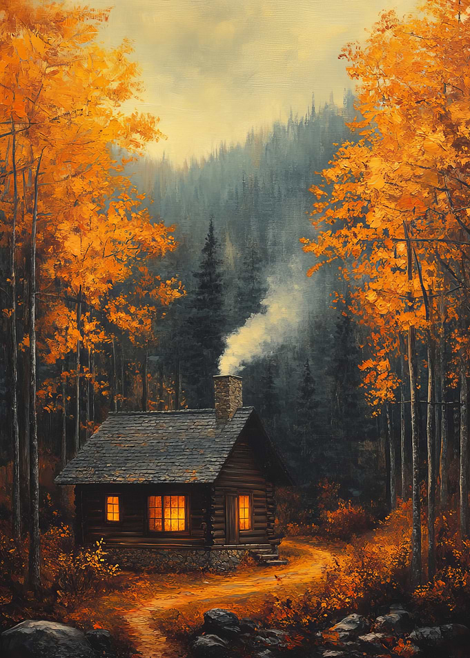 Cozy Cabin in Autumn Woods
