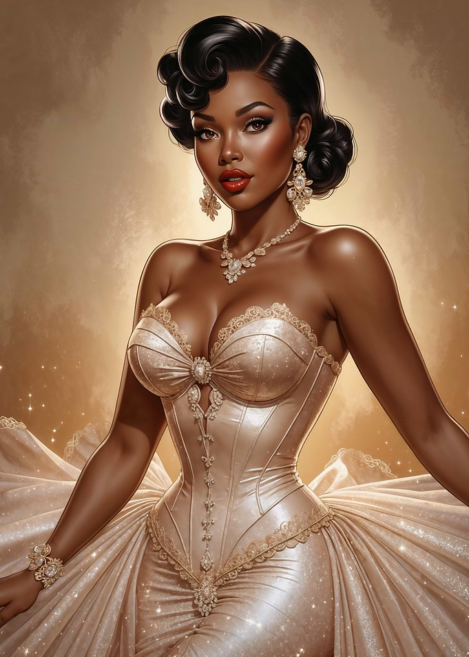 Elegant Black Pin-Up in Golden Gown