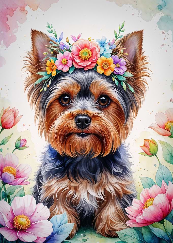 Cute Yorkshire with Floral Crown Watercolor