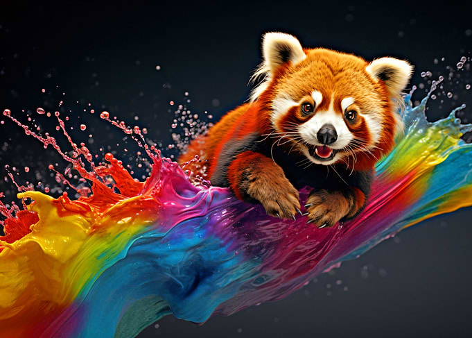 Red Panda in Rainbow Splash