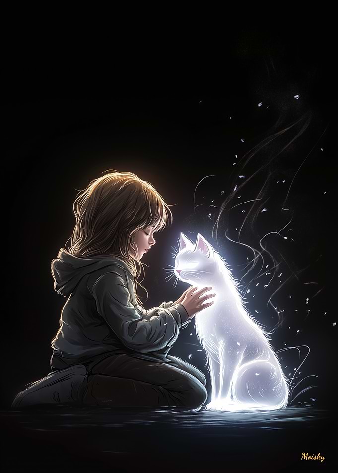 Ethereal Bond - Glowing Cat and Child Art - Mystical Connection Portrait