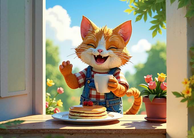 Happy Cat with Pancakes