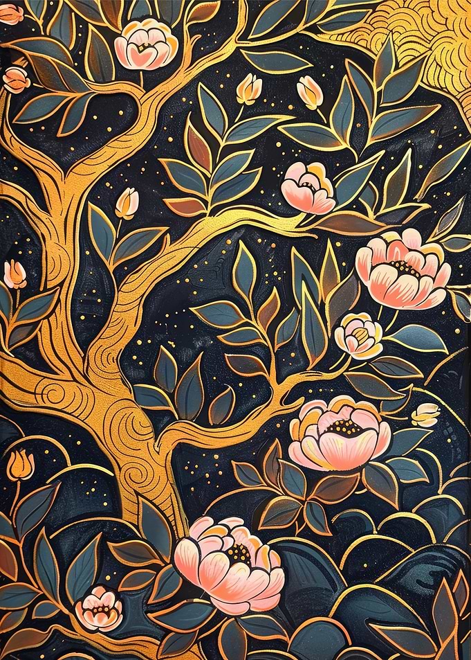 Golden Tree with Pink Flowers