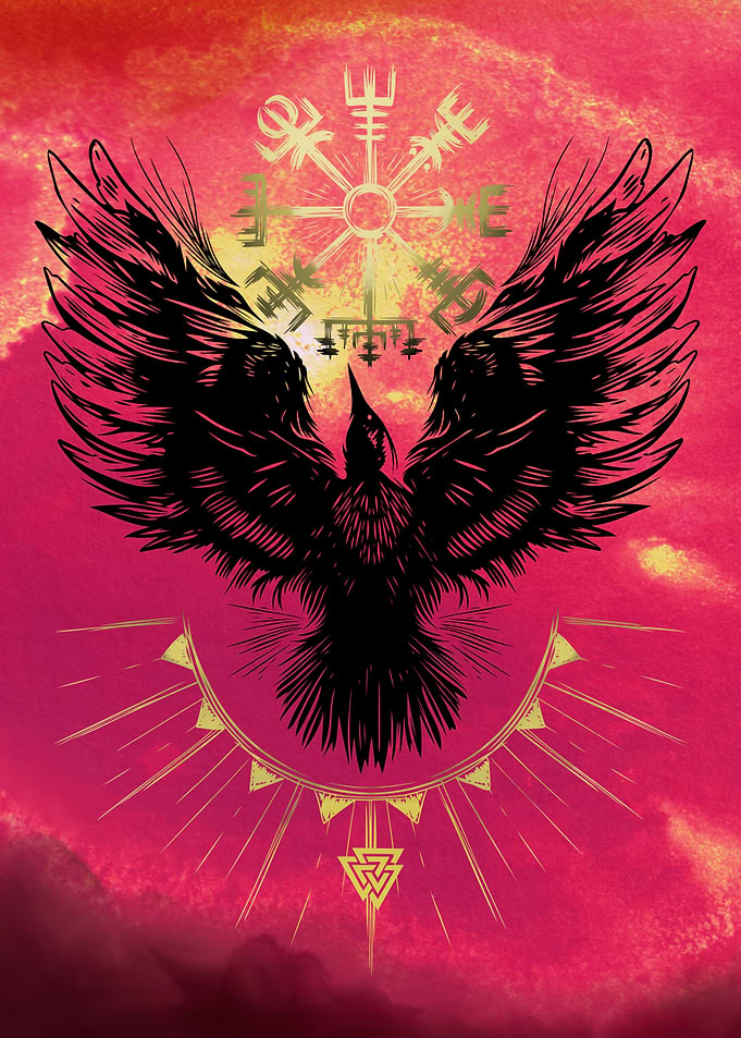 Black Raven with Vegvisir and Valknut
