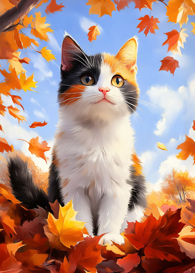 Calico Cat in Autumn Leaves