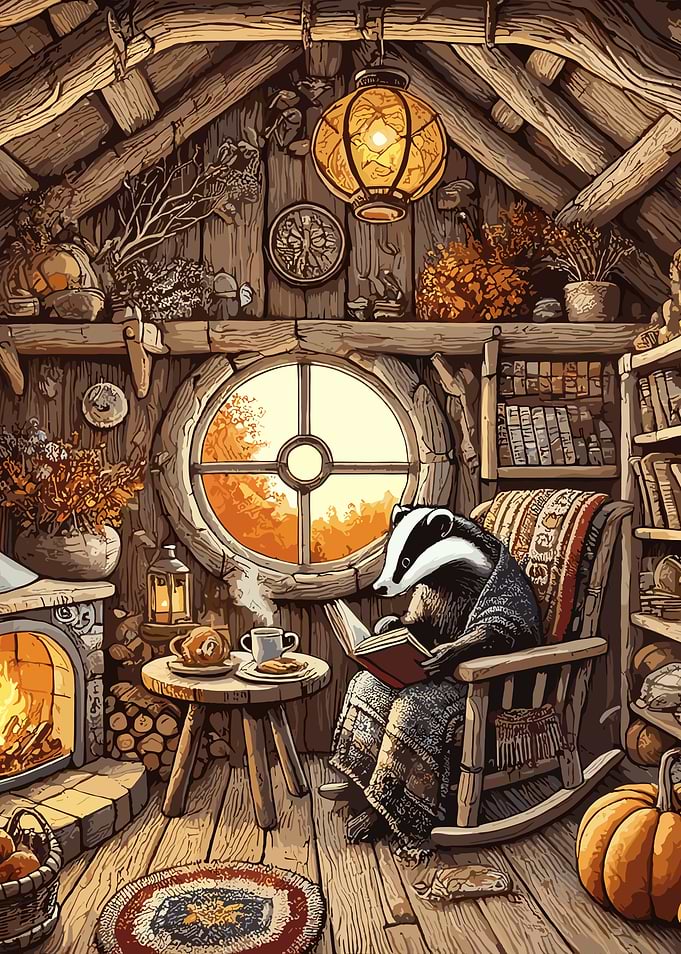 Cottagecore Badger Reading a Book