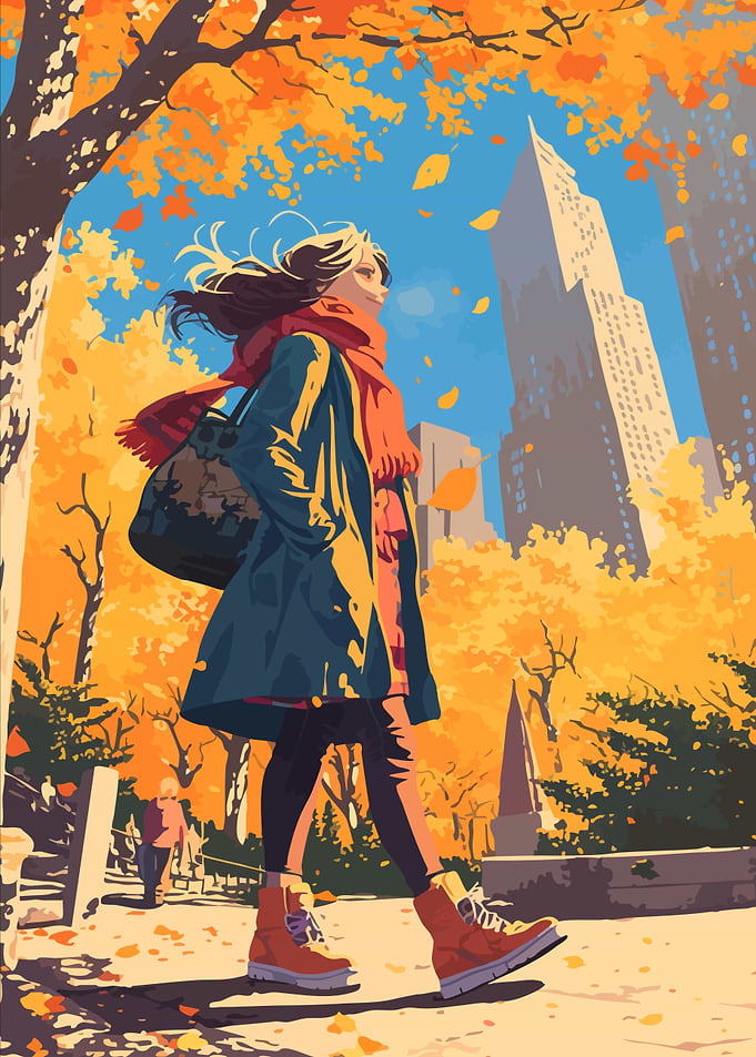 Autumn Girl Stroll in New York Minimalist Art