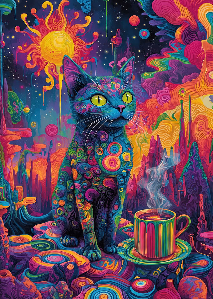 Psychedelic Cat with Coffee