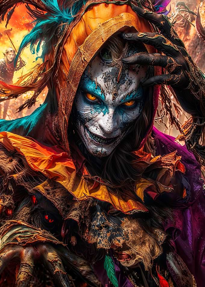 Creepy Jester with Orange Eyes