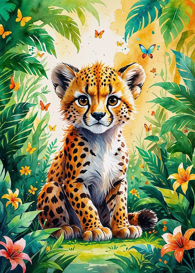 Cute Cheetah Cub in Jungle Watercolor
