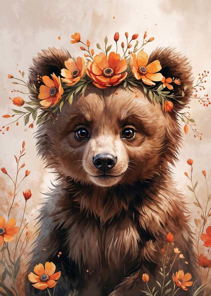 Cute Bear Cub with Flower Crown Watercolor