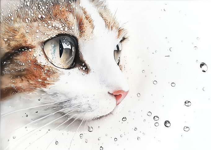 Cat Watercolor with Raindrops