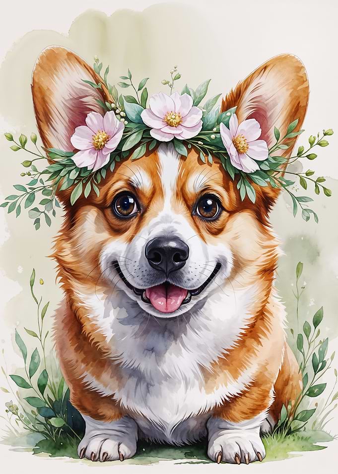 Cute Corgi with Flower Crown Watercolor