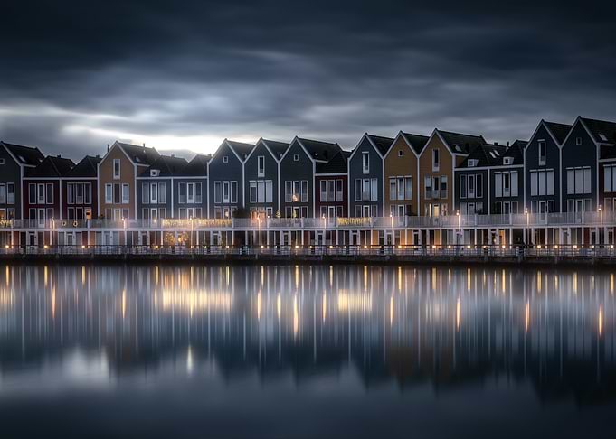Waterfront Homes at Dusk