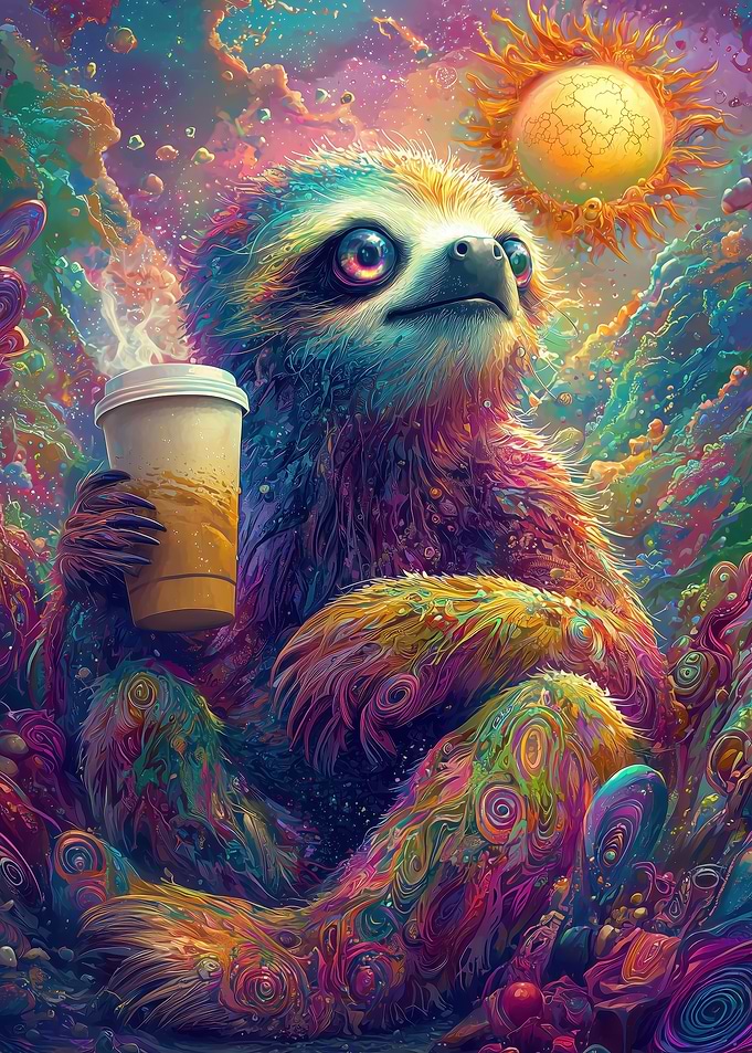 Sloth with Coffee in Psychedelic Landscape