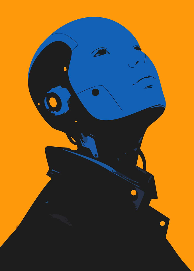Blue Yellow AI Robot Portrait Minimalist Art