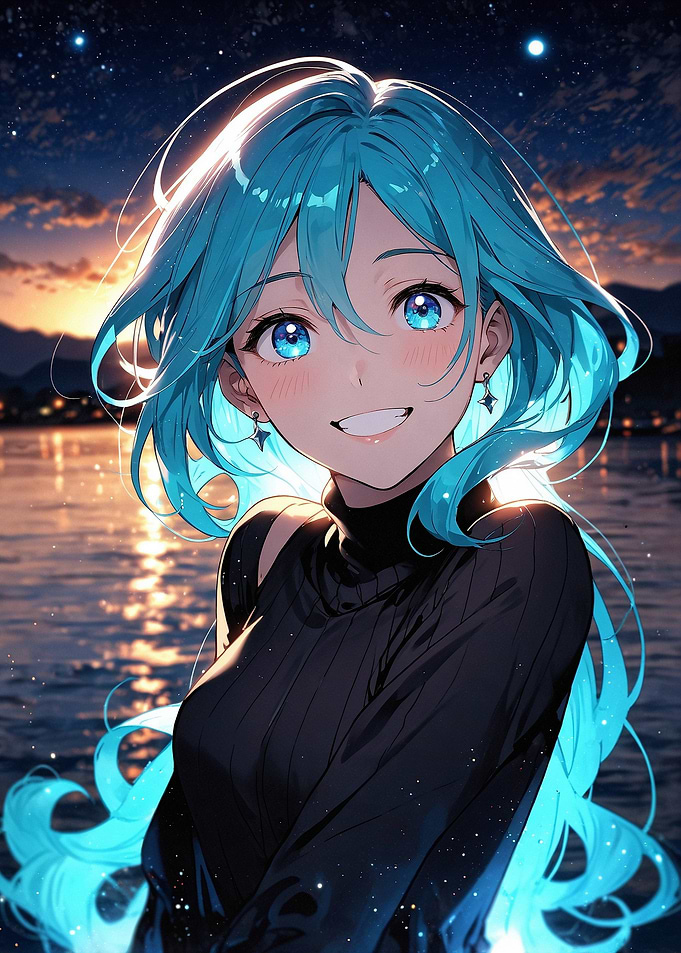 Smiling Anime Girl with Blue Hair