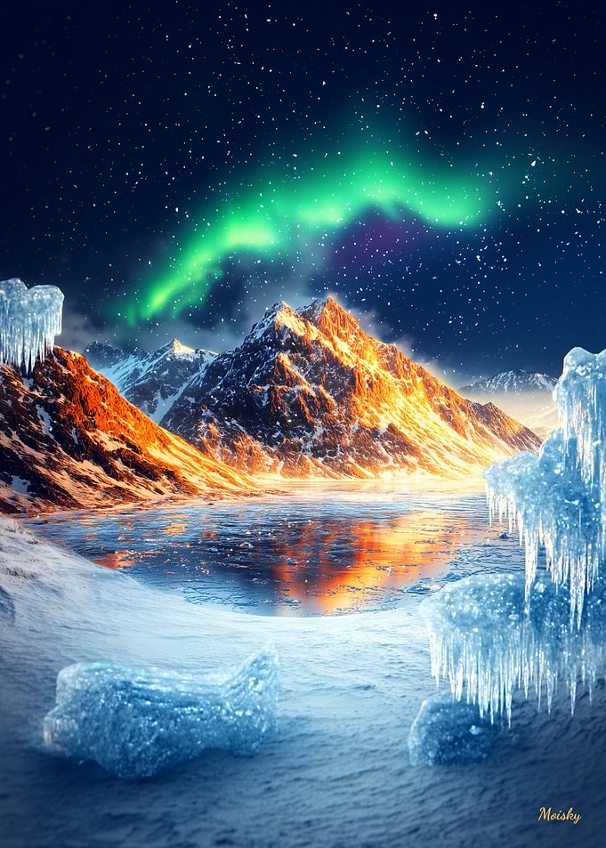 Arctic Northern Lights - Dramatic Ice Landscape Art - Majestic Mountain Reflection