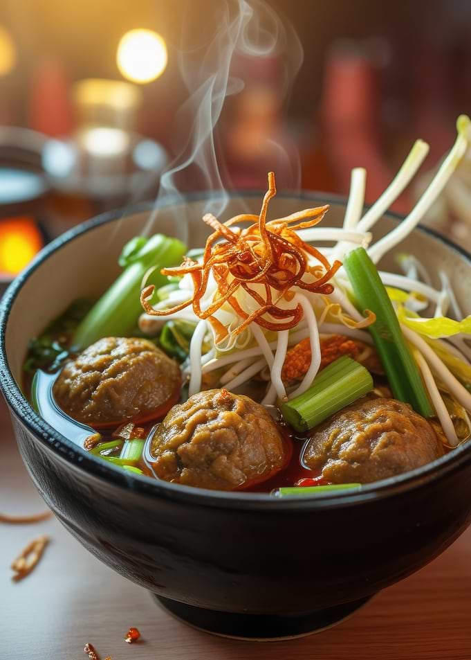 Steaming Bowl of Meatball Soup
