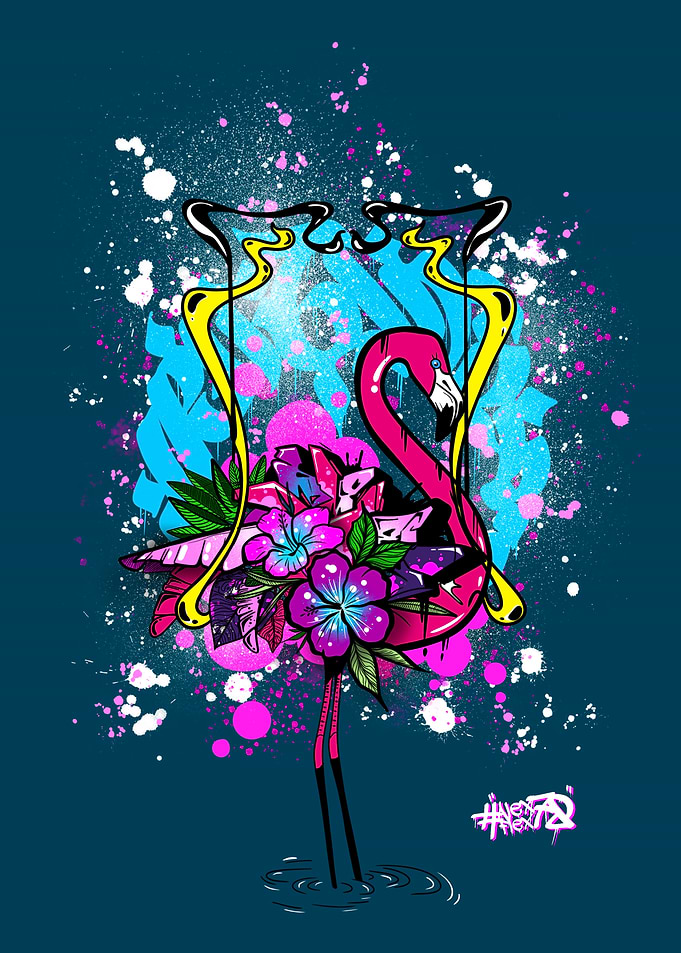 Pink Flamingo Graffiti Art-Tropical Urban Art