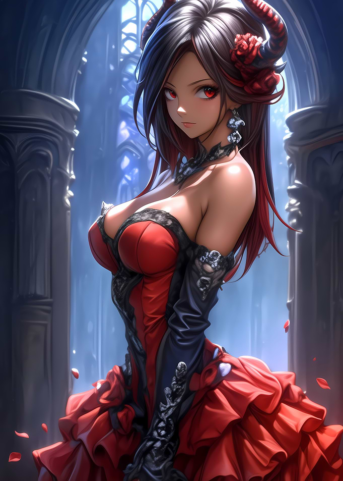 Anime Girl in Red Dress Gaming
