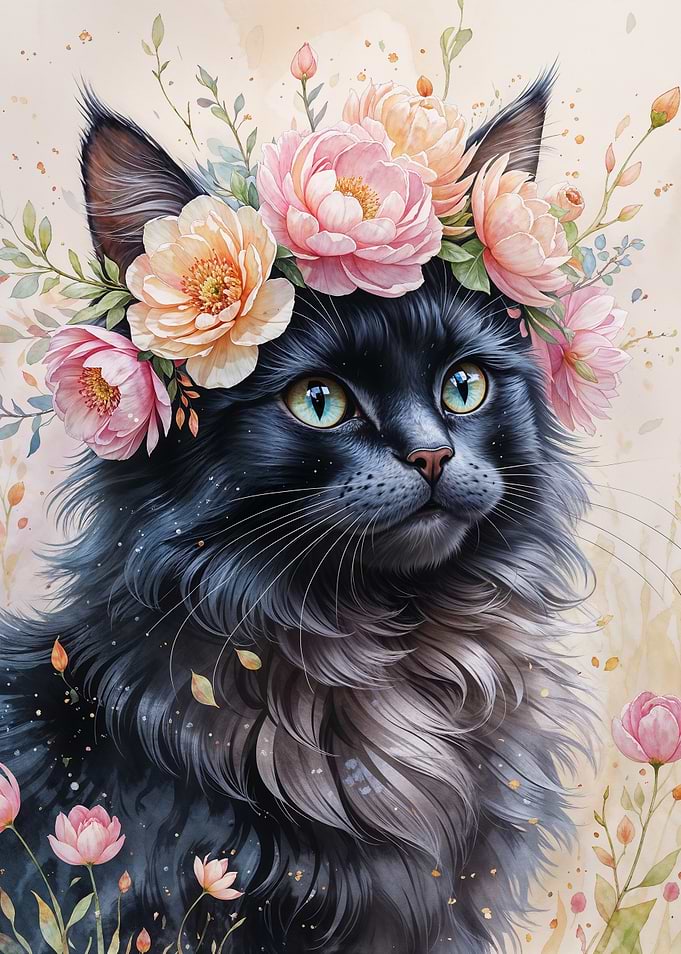 Black Cat with Flower Crown Watercolor
