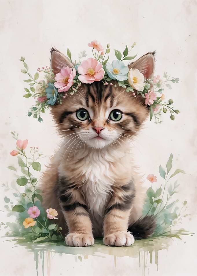 Kitten with Flower Crown Watercolor