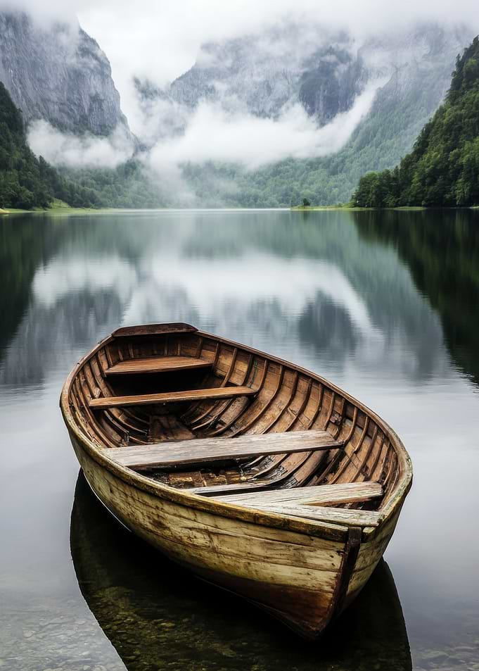 Wooden Rowboat on Calm Lake