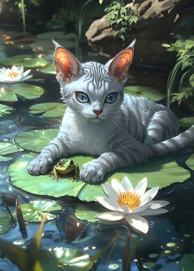 Cornish Rex Cat and Frog on Lily Pad