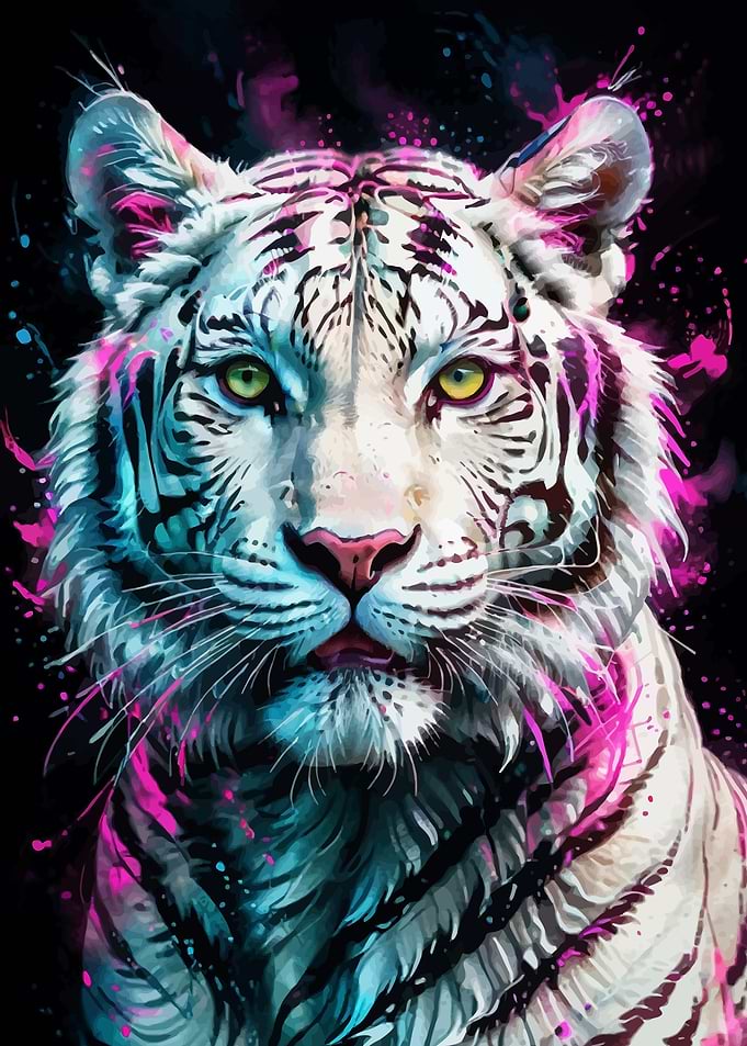 White Tiger with Neon Splashes