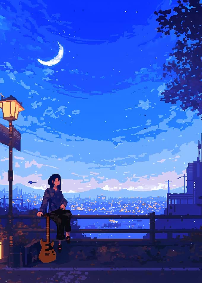 Night Cityscape with Guitarist