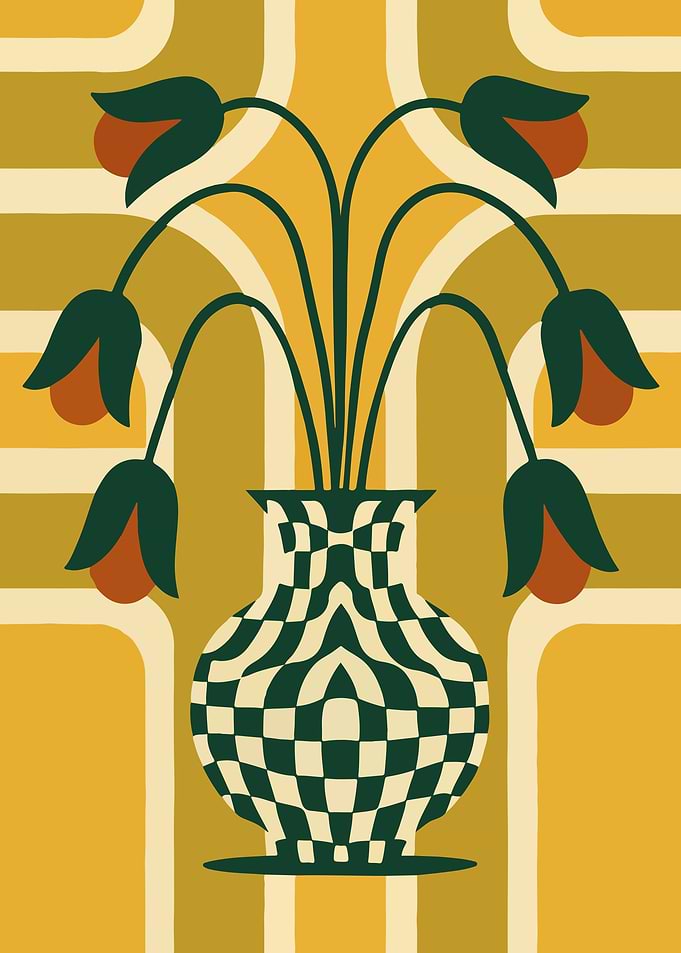 Vintage Floral Vase – Retro Checkered Artwork