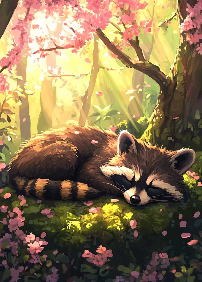 Sleeping Raccoon in Spring Forest