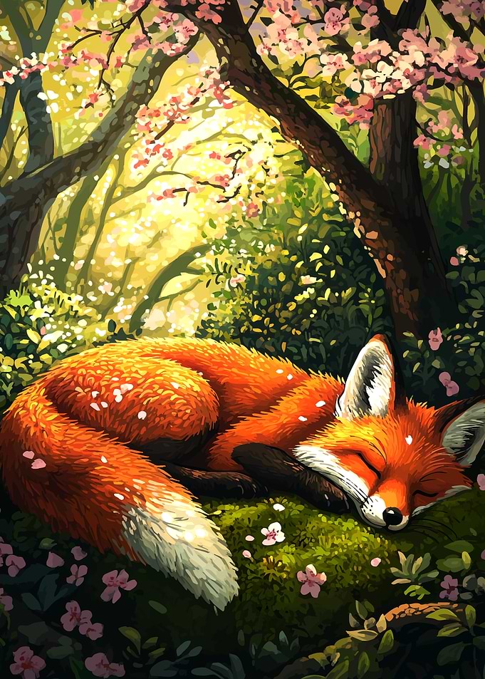 Sleeping Fox in Spring Forest