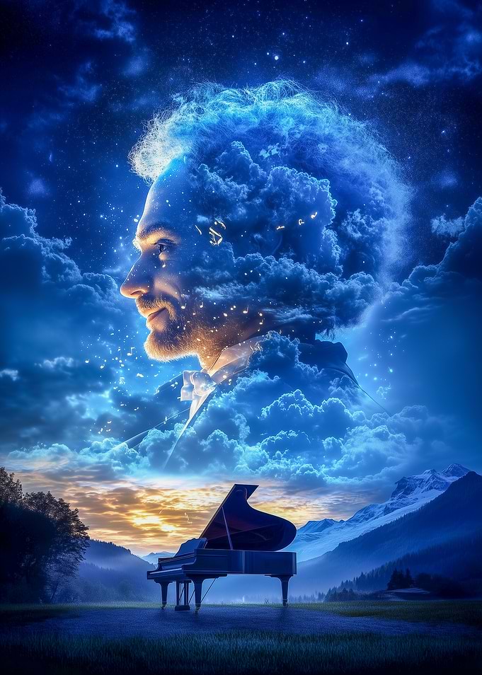 Man in Clouds with Piano
